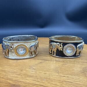 2-Cannes quartz watch cuff gold tone rhinestone w/elephants in relief Untested